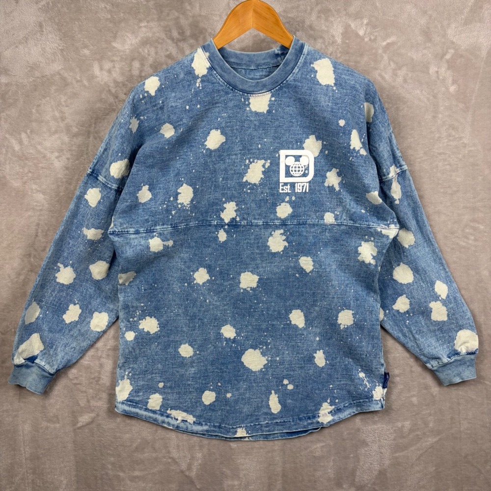 Walt Disney World Spirit Jersey Blue Acid Wash Bleach Splatter Puff Print Small